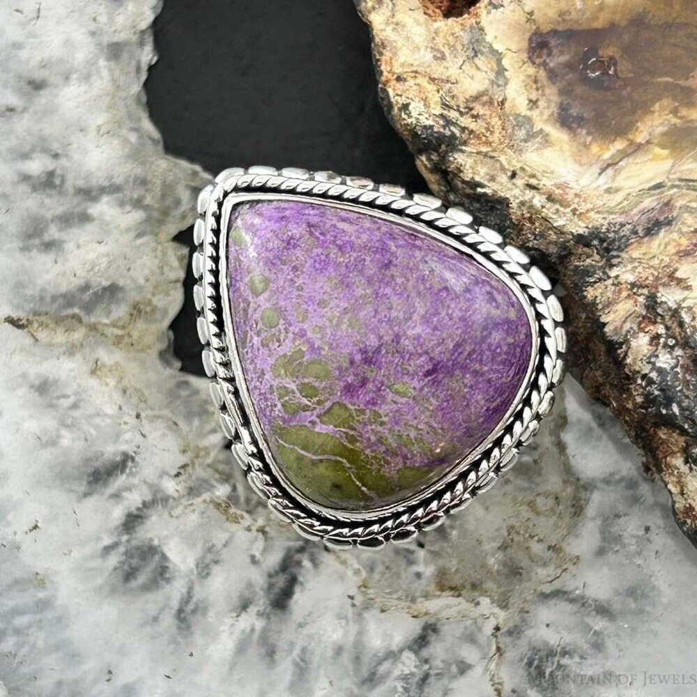 Sterling Southwestern Style Teardrop Stichtite Decorated Ring Sz 6.75 For Women